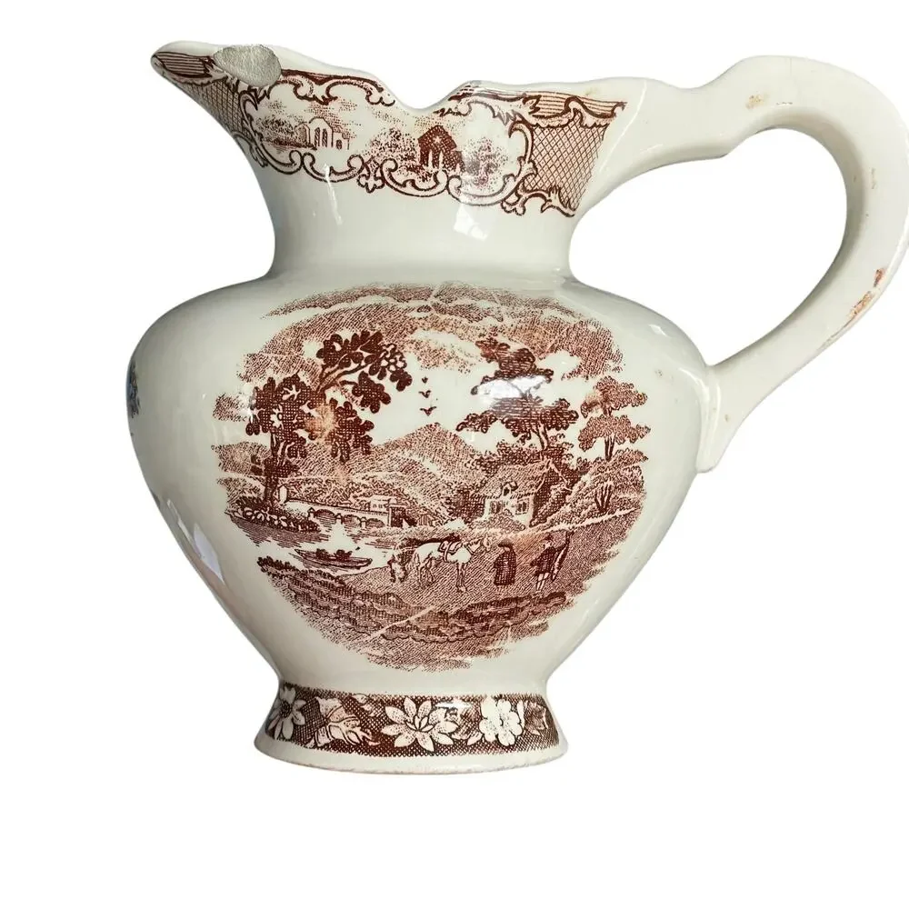 Brown Transferware Ironstone Pitcher & Plate Pastoral Vintage Small FLAWED